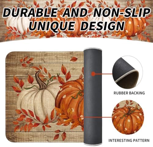 Fall Kitchen Mats Decor, Autumn Pumpkin with Brown Wood Grain Fall Kitchen Rugs Set of 2 Indoor Non Slip Washable Floor Mat Runner Rug Home Decorations