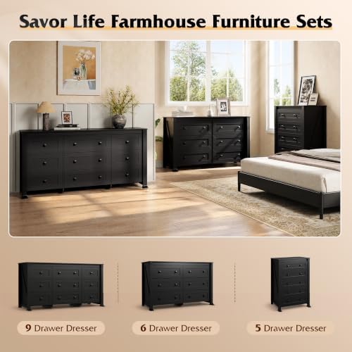 WLIVE Black Dresser 6 Drawers for Bedroom, Wood Dresser TV Stand for 55" TV