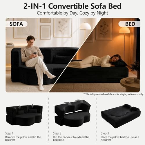 78" Futon Sofa Bed, Full Size Boneless Corduroy Couch Bed (Black)