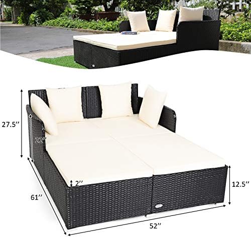 COSTWAY Outdoor Patio Rattan Daybed, Sponge Cushioned Loveseat Sofa
