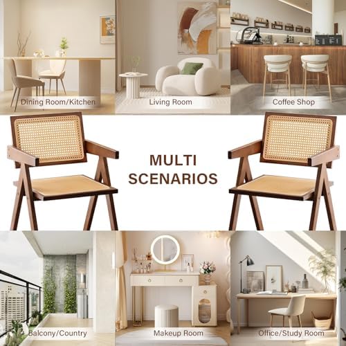 Furlide Rattan Dining Chairs Set of 2, Bamboo Armchairs in Walnut