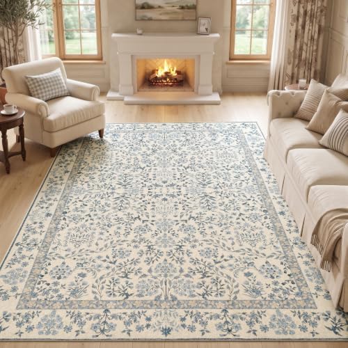 jinchan 8x10 Washable Living Room Area Rug, Vintage Floral, Blue/Cream