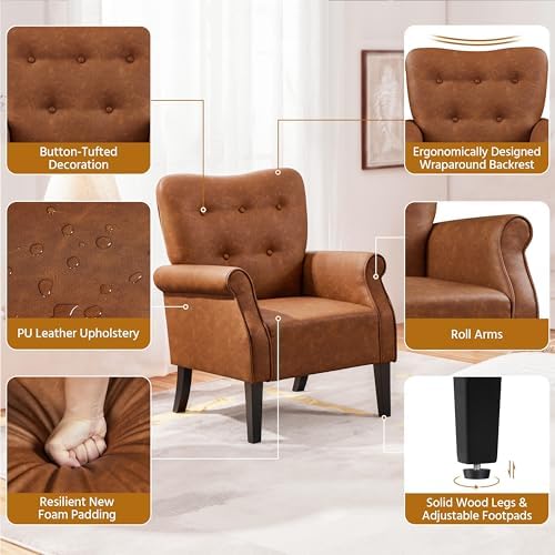 Yaheetech High Back Accent Chair with Rolled Arms for Bedroom, Retro Brown