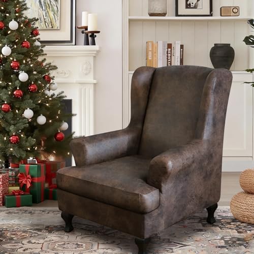 ANARACHON Leather Look Wingback Chair Covers, 2-Piece Wing Chair slipcover, S...