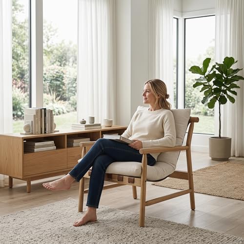 Mid Century Accent Chair, Comfy Side Chair with Solid Wood Frame, Beige