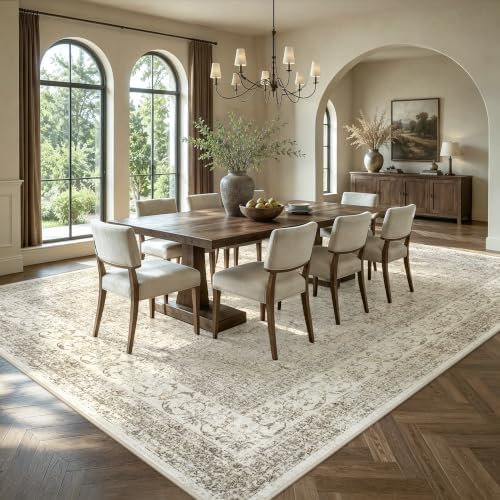 Washable 8x10 Area Rugs for Living Room, Vintage Bedroom Neutral Rug, Beige