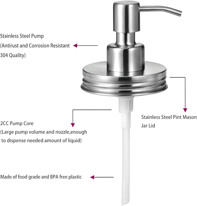 Amolliar Mason Jar Liquid Soap Dispenser Lids, 304 Stainless Steel Pump16oz - Image 4