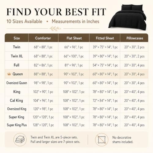 CozyLux Queen Comforter Set Black - 7 Pieces Bed in a Bag