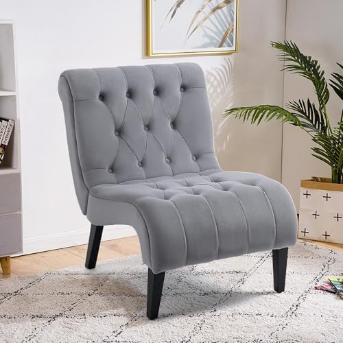 AVAWING Armless Tufted Velvet Accent Chair with Wood Legs, Grey