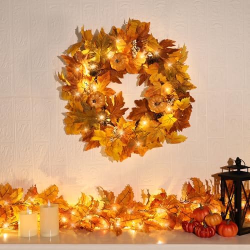 Fall Wreaths for Front Door Outside Autumn Wreath with Lights Berries Pine Cones Fall Decorations for Home Decor Pumpkin Wreath for Farmhouse Holiday Thanksgiving Harvest Halloween Outdoor