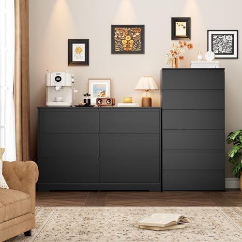 FOTOSOK Black Dresser for Bedroom, Modern 6 Drawer Double Dresser
