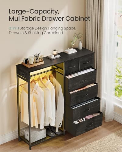 SONGMICS Dresser with Hanging Rod, Closet Organizer with 6 Fabric Drawers