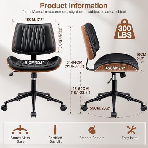 Ergonomic Armless Office Desk Chair - Mid-Century Modern Black Faux Leather w...