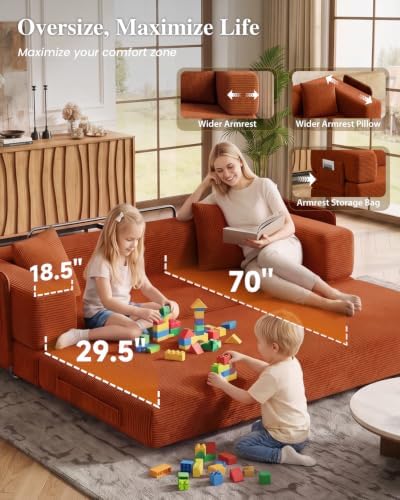 79.5" 5-in-1 Convertible Futon Sofa Bed, Boneless Corduroy, Orange