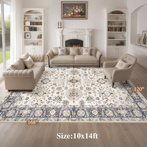 10x14 Washable Area Rug for Living Room, Vintage Pattern