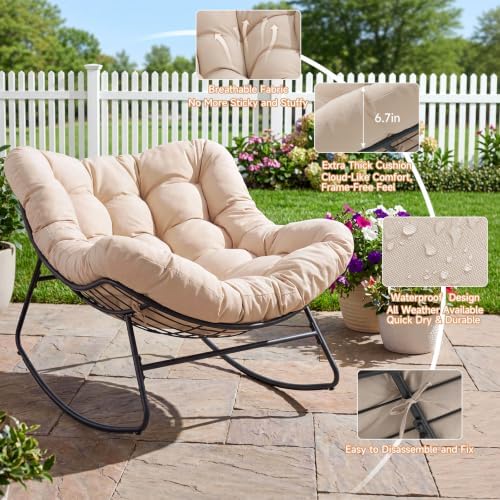 Papasan Rocking Chair, Oversized Outdoor Egg Chair with Thick Cushion