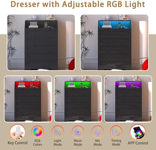 Black Dresser Tall 5 Drawer Dresser for Bedroom, Wood Chest of Drawers with L...