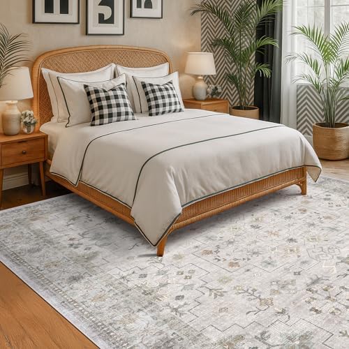 Light Gray & Sage Living Room Rug 8x10 - Washable Boho Low Pile Large Are...