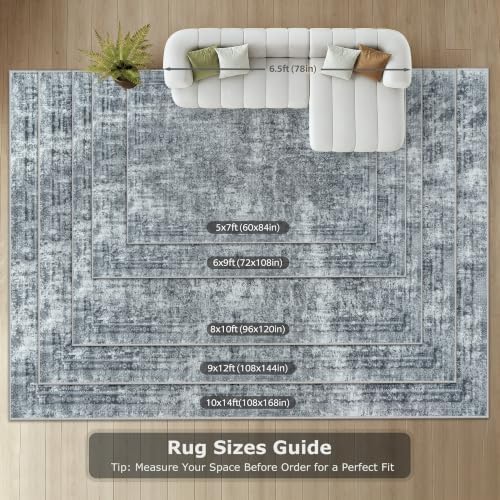 8x10 Area Rugs Washable for Living Room: Black Grey Abstract Large Carpet