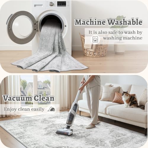 Gent drizz 8x10 Area Rugs for Living Room, Gray Washable Rugs Vintage