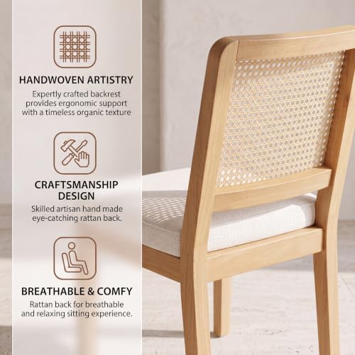 HNY Modern Farmhouse Rattan Dining Chairs Set of 2 Beige Chenille Upholstered...