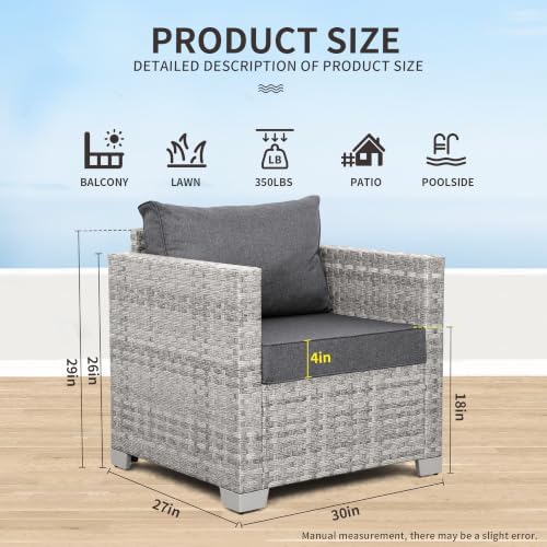 WAROOM Patio Chairs Set of 2 Wicker Outdoor Sofa, Porch Single Chair Grey Rat...