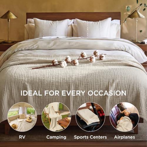Bedsure 100% Cotton Muslin Blanket Queen Size for Bed, 4-Layer, Linen Beige