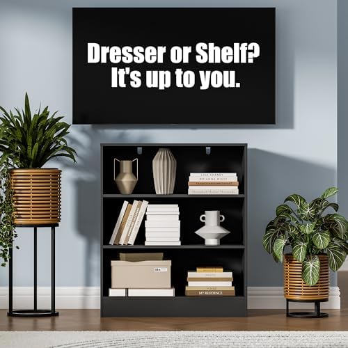 Housoul 3 Drawers Dresser with PU Drawer and Wood Frame, Black Chest with Lar...