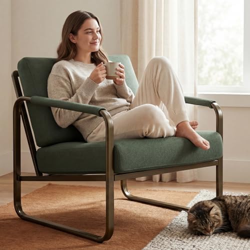 PrimeZone Mid Century Modern Accent Chair Set of 2 - Fabric Armchair, Green