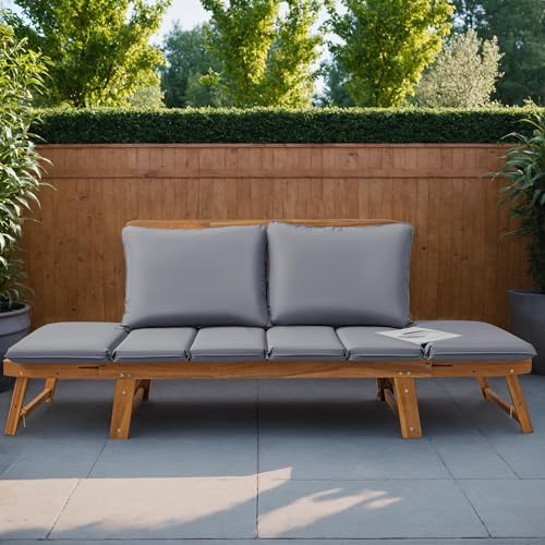Greesum Patio Convertible Couch Sofa Bed with Adjustable Armrest, Acacia Wood...