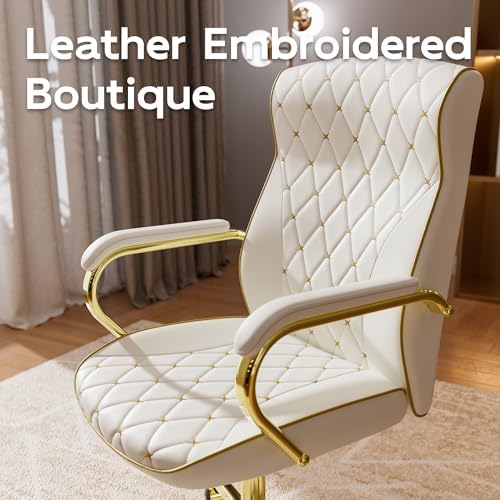 HomeZeer White and Gold Office Chair, Luxury Leather Executive Desk Chair