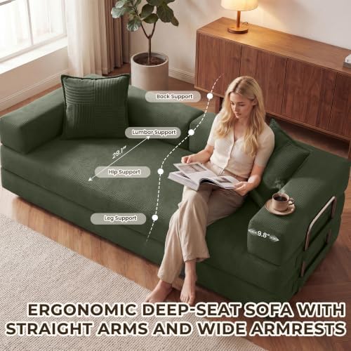 GRUSIGN 78" 5-in-1 Convertible Futon Sofa Bed, Boneless Corduroy, Green