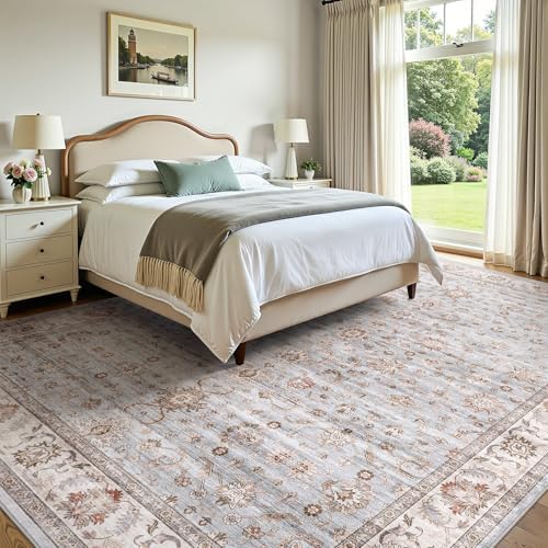 WITSHOCK Washable Area Rug 10x14 Non-Slip Floral Carpet, Gray/Light Blue