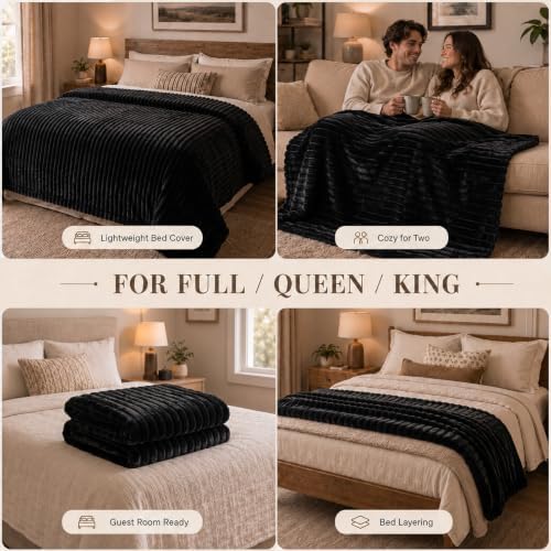 HIMEET Black Queen Size Blanket for Bed, 300GSM Ribbed Fleece, 90 x 90 in