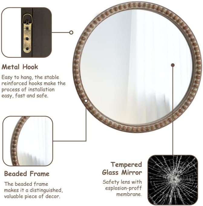 COZAYH - Round Wood Mirror - Rustic Farmhouse Wall Mirror