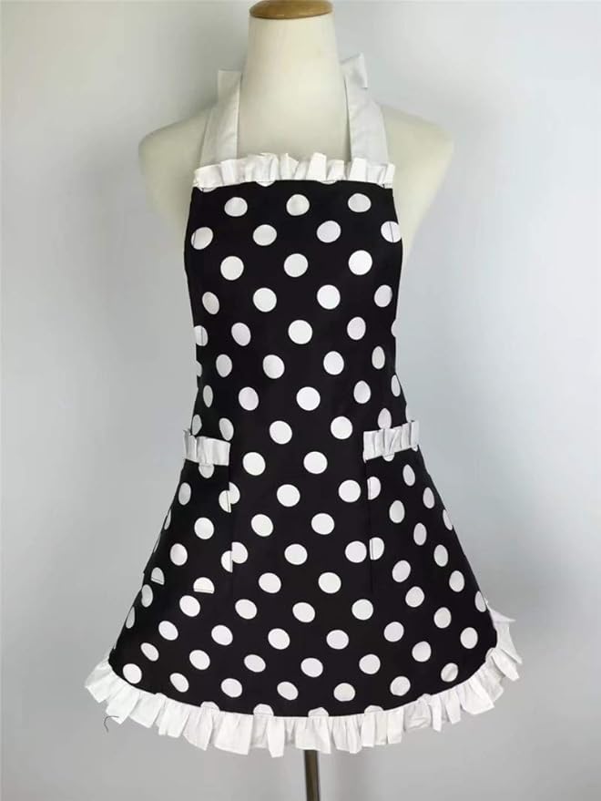 Hyzrz Cute Apron Retro Black Polka Dot Retro Ruffle Side Vintage Cooking Aprons - Image 4