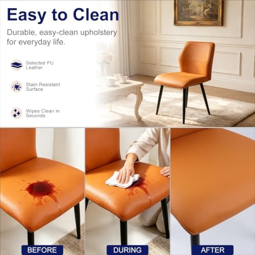 Leather Dining Chairs Set of 2, Orange Accent Chair Black Legs