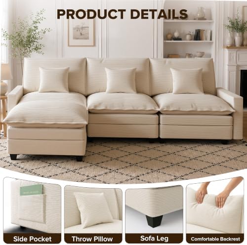 107" Modular Sectional Sofa, L Shaped Cloud Couch with Movable Ottoman |...