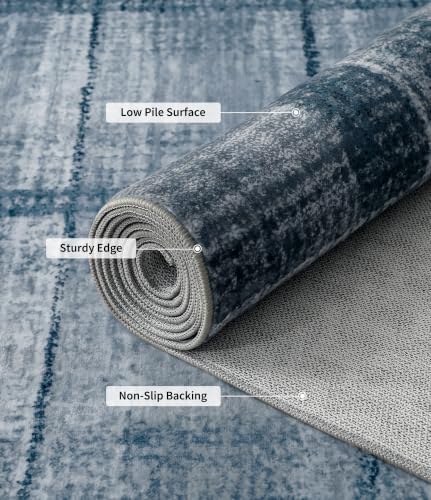 YIHOUSE 9x12 Blue Grey Distressed Plaid Area Rug for Living Room