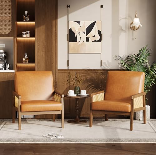 IDEALHOUSE Rattan Accent Chair with Wooden Frame and High Back, Brown