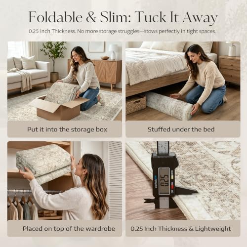 Washable 8x10 Area Rugs for Living Room, Vintage Bedroom Neutral Rug, Beige