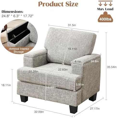 Accent Chair with Armrest Storage, Modern Upholstered Reading Living Room Cha...