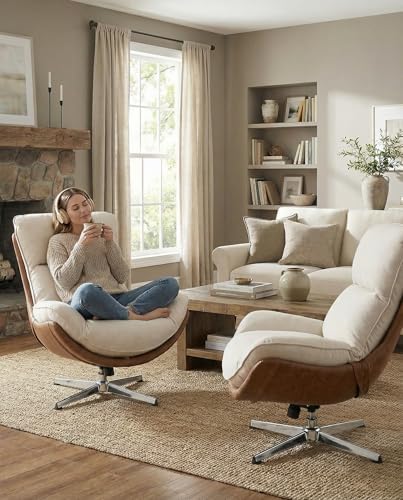 LukeAlon Set of 2 Linen Swivel Lounge Chair, Beige