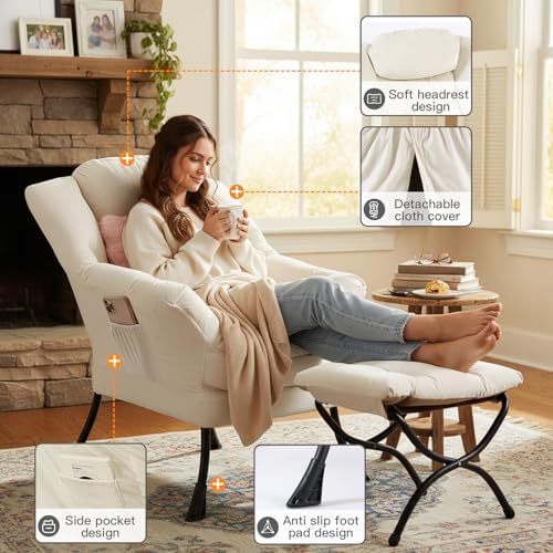 Lazy Chair with Ottoman, Comfy Reading Chair for Bedroom