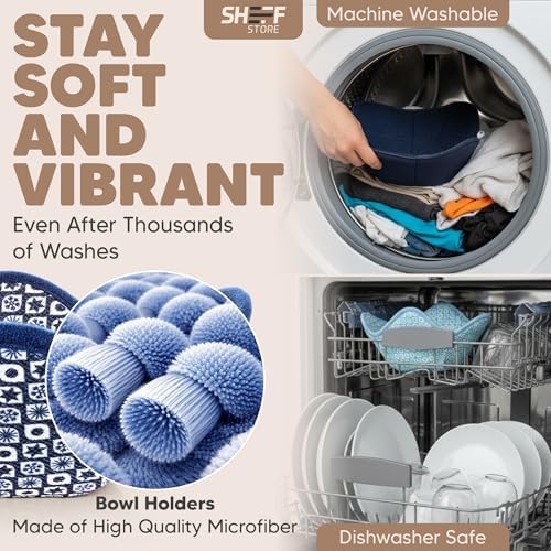 Sheff Microwave Bowl Cozy Holders Set of 4 - Durable and Reliable for Hot and Cold Plates and Dishes - Ideal Household Gift (Navy and White, 7 inch)