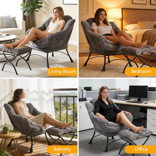 Lazy Chair with Ottoman, Modern Skinny Lounge Chair with Footrest