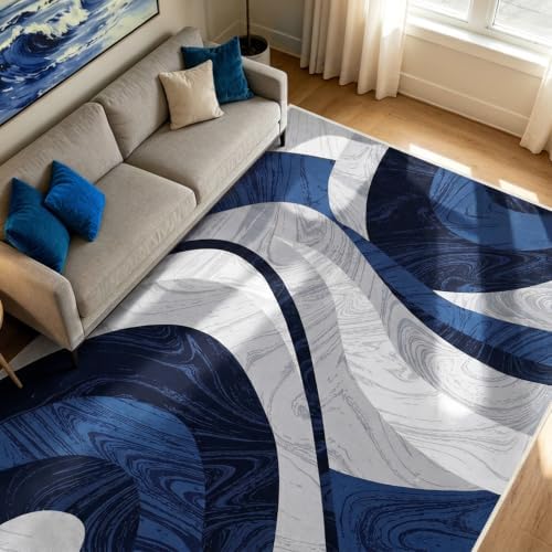 4x5 Area Rugs for Living Room, Modern Abstract Washable Rugs Blue Grey