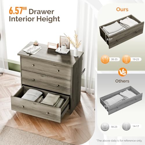VINGLI 3 Drawer Dresser with Charging Station, Small Dresser Grey Chest of Dr...