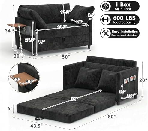 Convertible Sofa Bed with Foldable Side Table, 51" Pull Out Sleeper Couc...