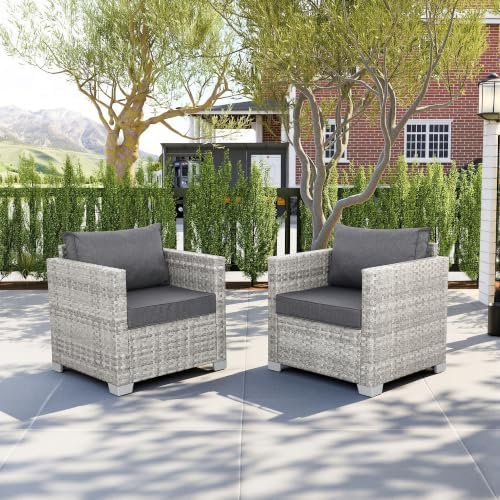 WAROOM Patio Chairs Set of 2 Wicker Outdoor Sofa, Porch Single Chair Grey Rat...